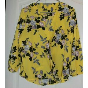Andrew Marc New York A Blouse Wrap Floral Yellow Purple 3/4 Sleeve Womens M